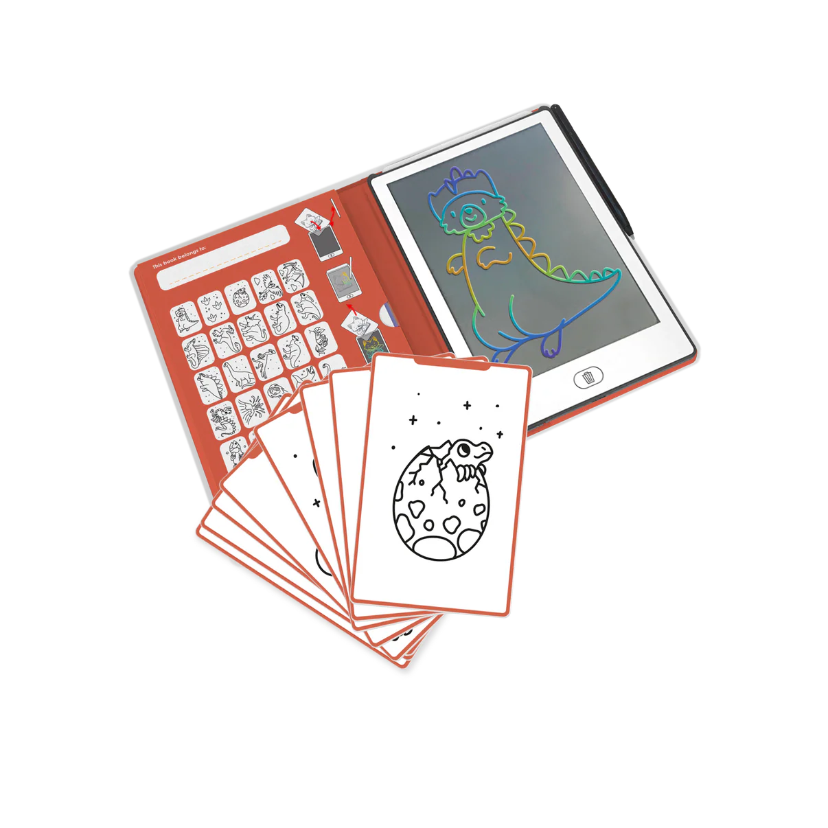 Children's drawing tablet with coloring sheets and stamps on a white background