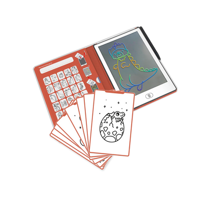 Children's drawing tablet with coloring sheets and stamps on a white background