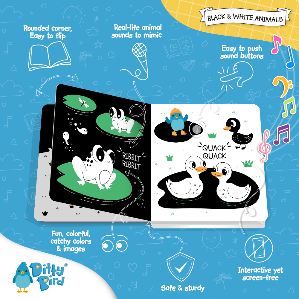 Inside page of Ditty Bird - Black & White Animals Board Book