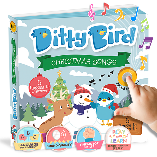 Ditty Bird Christmas Songs book with colorful illustrations and a hand pressing a button.