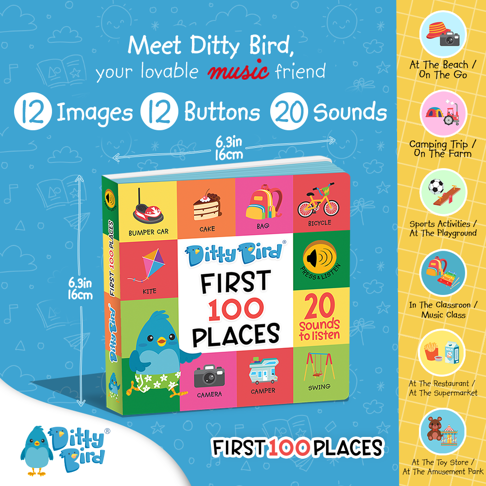 Children's book titled 'First 100 Places' with Ditty Bird branding on a blue background