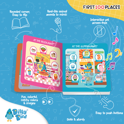 Children's educational book with colorful illustrations on a blue background, featuring Ditty Bird branding.
