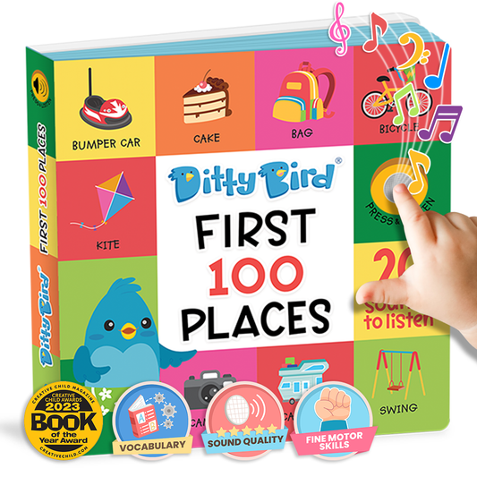 Children's book titled 'First 100 Places' by Ditty Bird with colorful illustrations and a hand touching the cover.