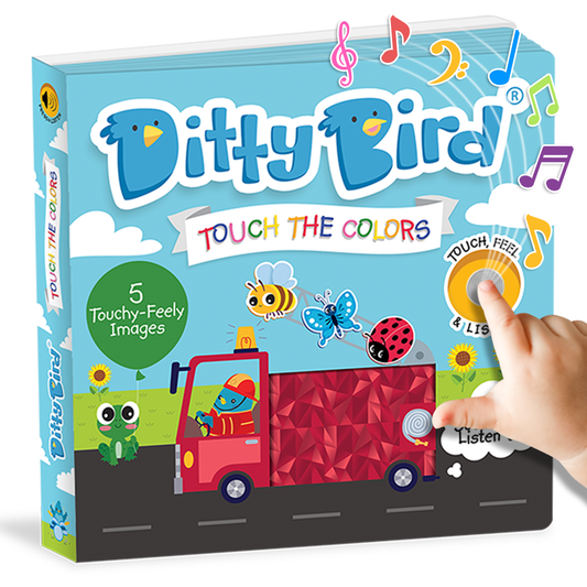Ditty Bird touchable book for children with colorful illustrations and a hand interacting with it.