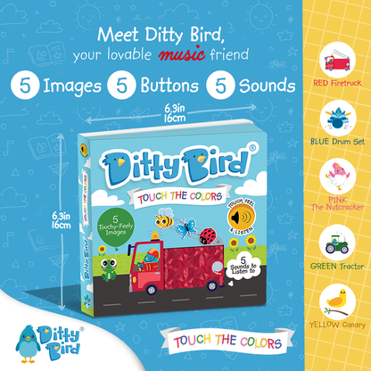 Ditty Bird touch-and-feel book with colorful illustrations and text on a blue background