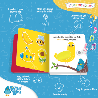Children's book with colorful illustrations of a bird, bee, and sunflower on a blue background with text about the book's features.