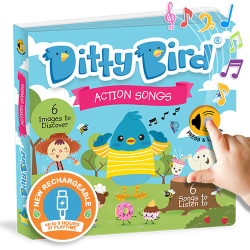 Ditty Bird action songs book with colorful design and hand pressing a button