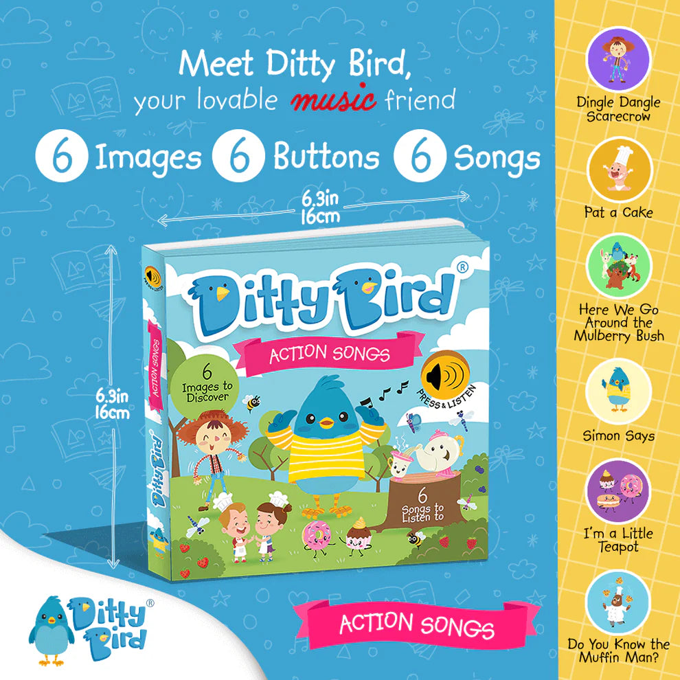Ditty Bird action songs packaging with colorful illustrations and text on a blue background