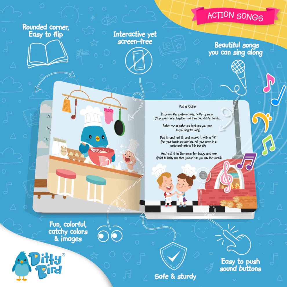 Children's educational book with colorful illustrations and text on a blue background