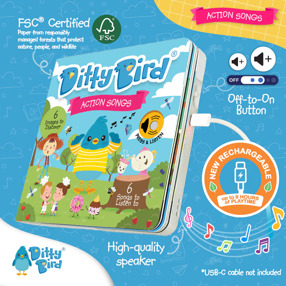 Ditty Bird action songs tin with colorful design and text on a blue background
