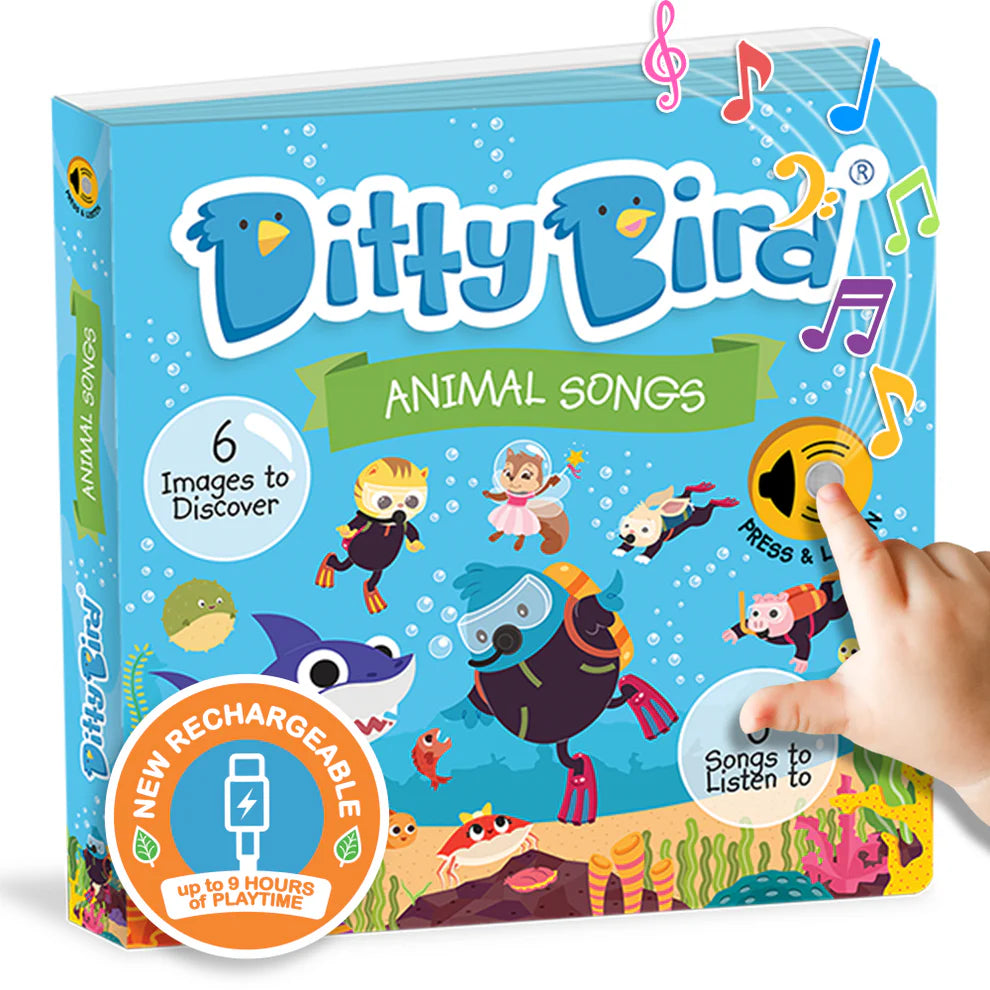 Ditty Bird Animal Songs book with colorful illustrations and a hand pressing a button.