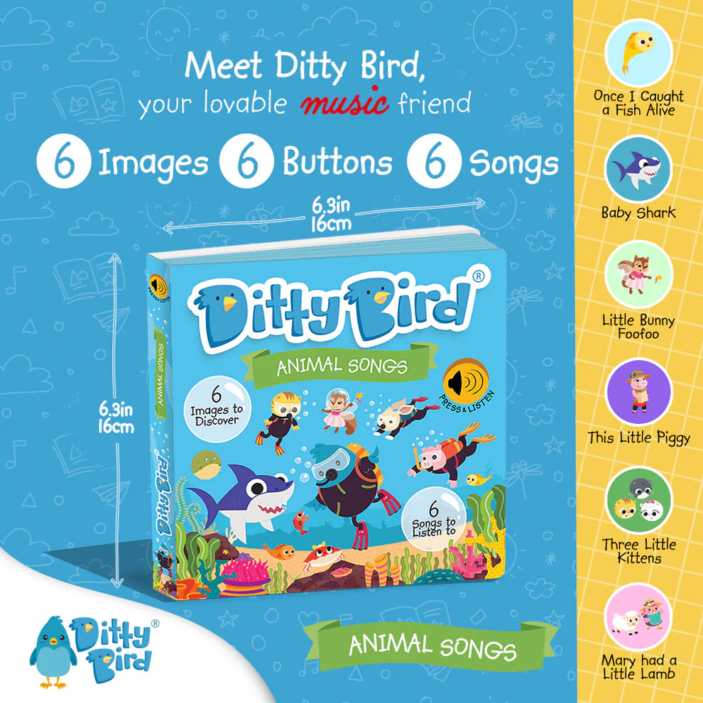Ditty Bird educational toy packaging with images of animals and songs on a blue background
