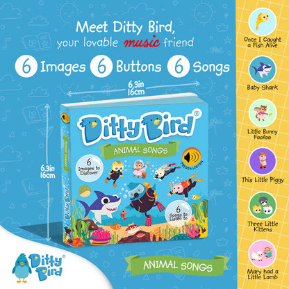 Ditty Bird educational toy packaging with images of animals and songs on a blue background