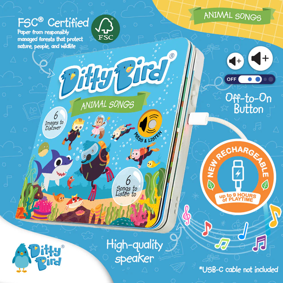 Ditty Bird animal songs toy with colorful design and FSC certification label on a blue background