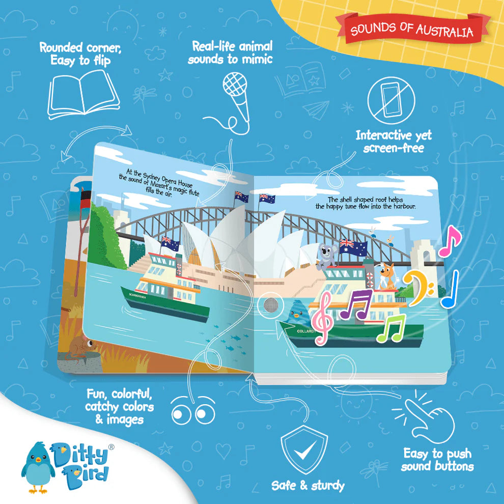 Children's book with Sydney Harbour Bridge illustration on a blue background, featuring Ditty Bird branding.