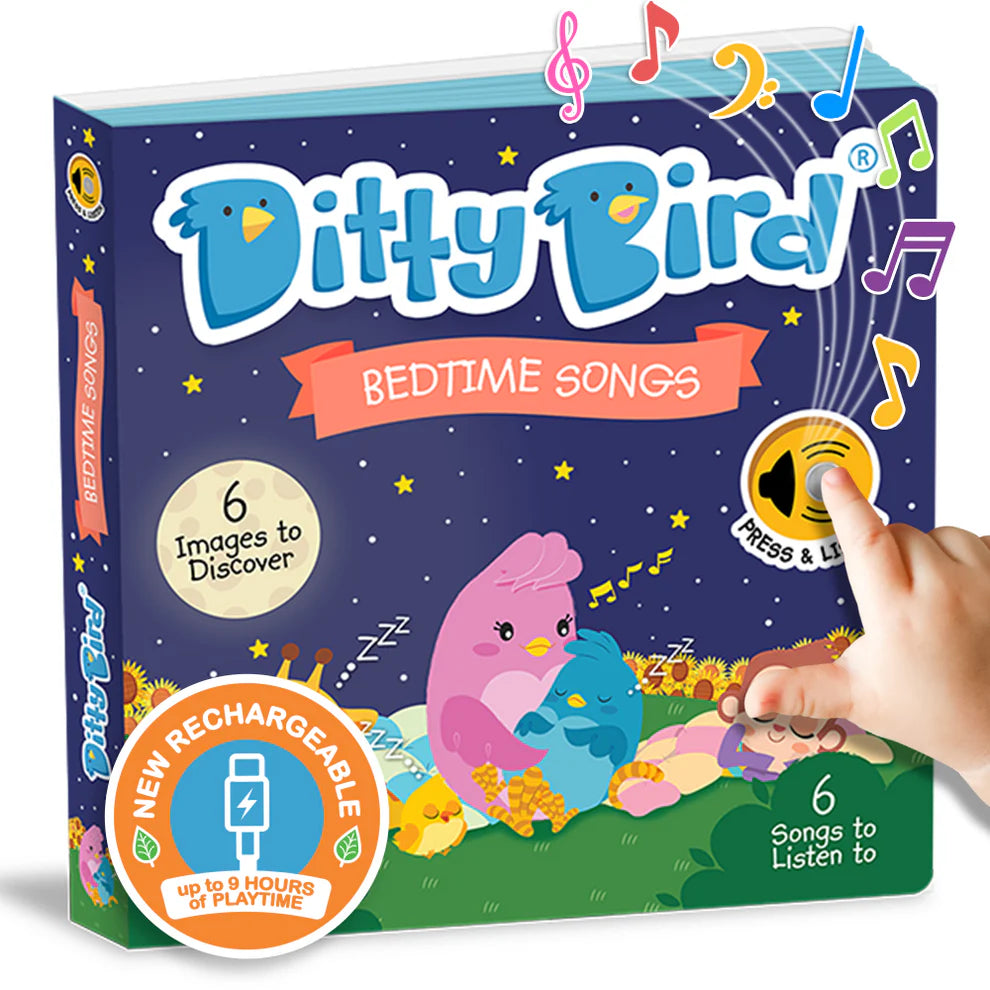 Ditty Bird bedtime songs book with colorful design and hand pressing a button