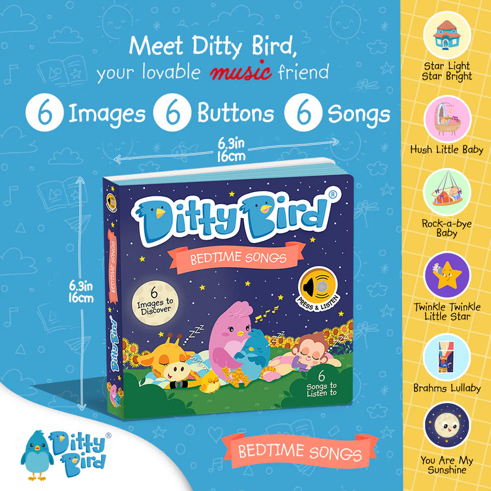 Ditty Bird bedtime songs book with colorful illustrations and text on a blue background