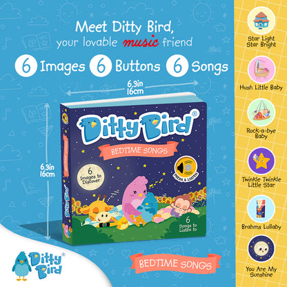 Ditty Bird bedtime songs book with colorful illustrations and text on a blue background