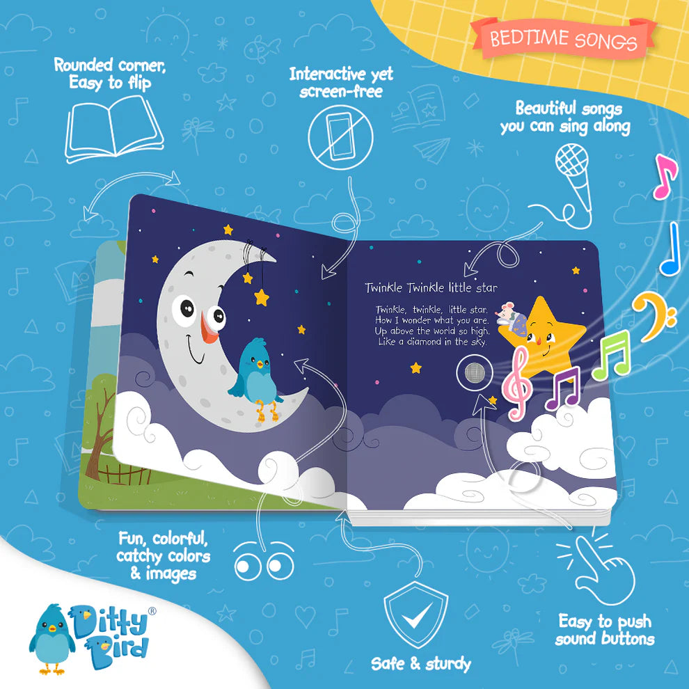 Children's book with moon and star illustrations on a blue background, featuring Ditty Bird branding.