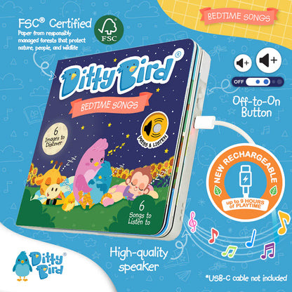 Ditty Bird bedtime songs book with colorful illustrations and product features on a blue background