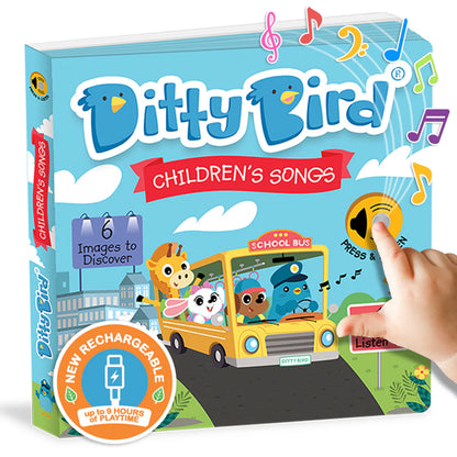Ditty Bird children's songs book with a hand pressing a button on the cover