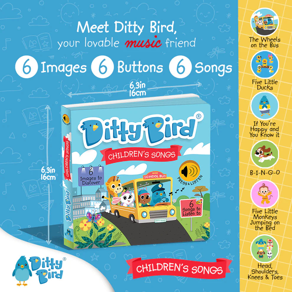 Ditty Bird children's songs book with bus illustration and song titles on a blue background