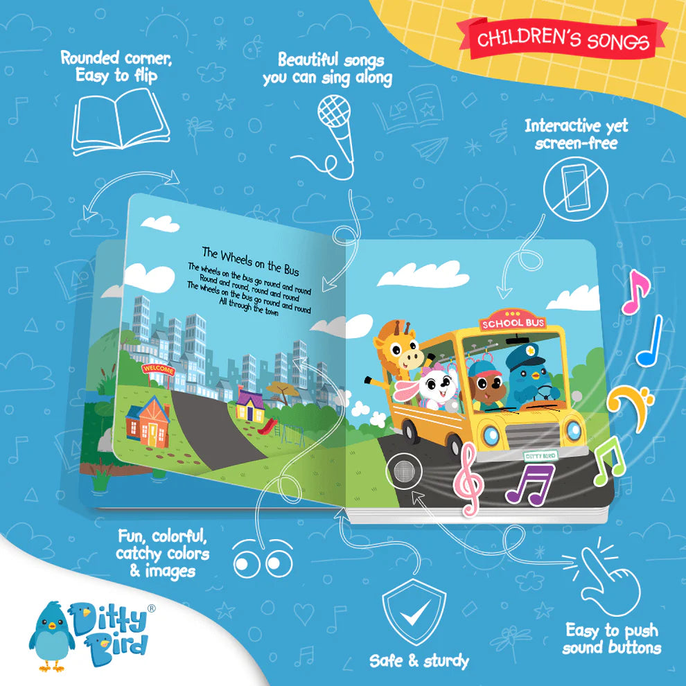 Children's book with a bus illustration and character on a blue background, featuring text about the book's features.