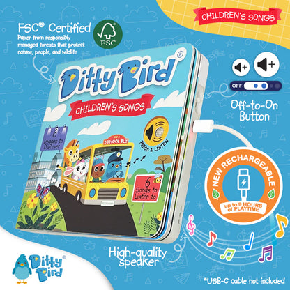 Ditty Bird children's songs tin with USB connection on a blue background