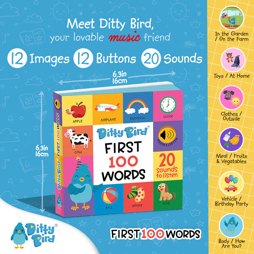 Children's book titled 'First 100 Words' with colorful design and text on a blue background
