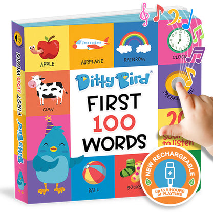 Children's book titled 'First 100 Words' by Ditty Bird with colorful illustrations and a hand pressing a button.
