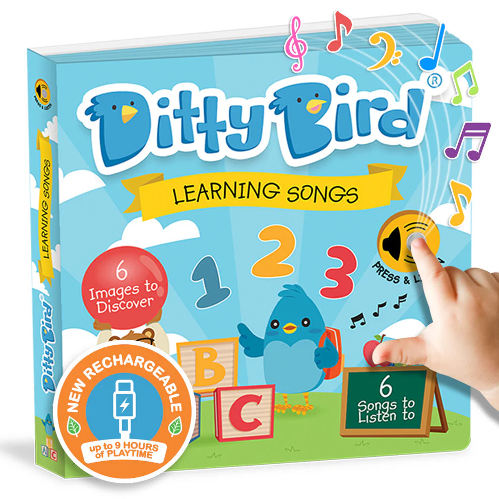 Ditty Bird learning songs book with colorful design and hand pressing a button