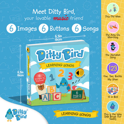 Ditty Bird learning songs product packaging on a blue background with text and illustrations.