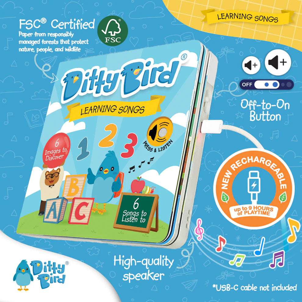 Ditty Bird learning songs product with colorful design and text on a blue background