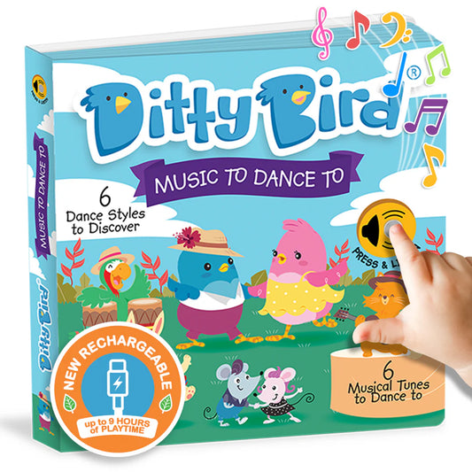 Ditty Bird children's book with colorful characters and music notes on a blue background