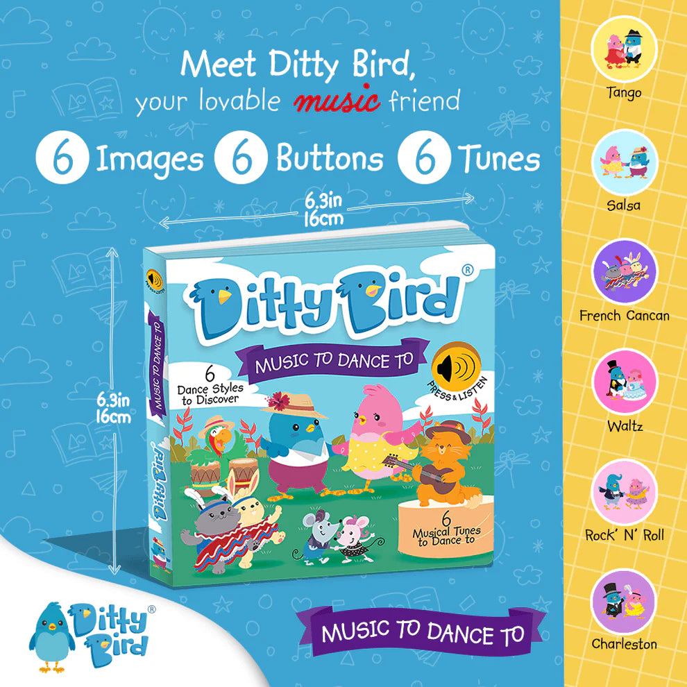 Ditty Bird music toy packaging with colorful illustrations and text on a blue background