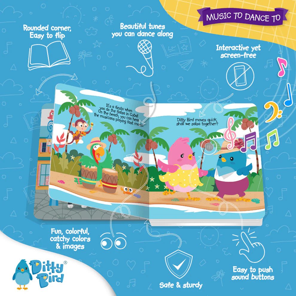 Children's book with colorful illustrations of animals and music notes on a blue background