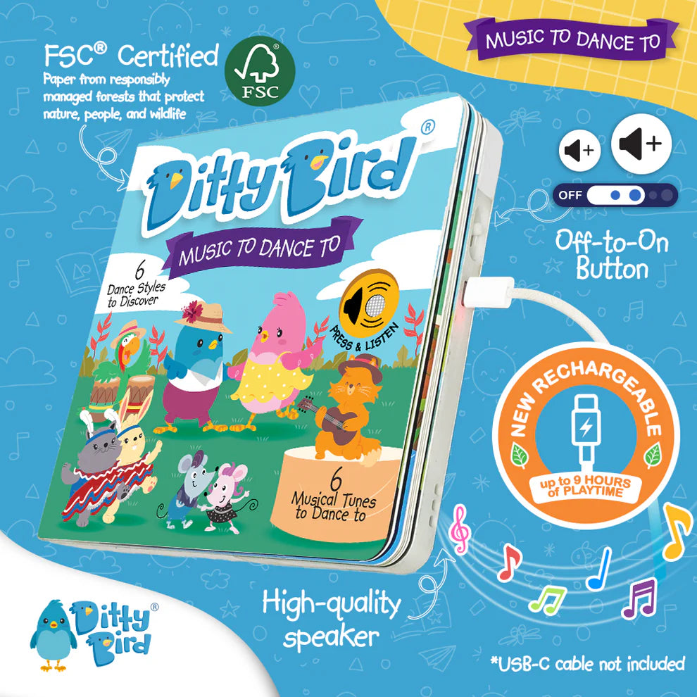 Ditty Bird music book with colorful illustrations on a blue background