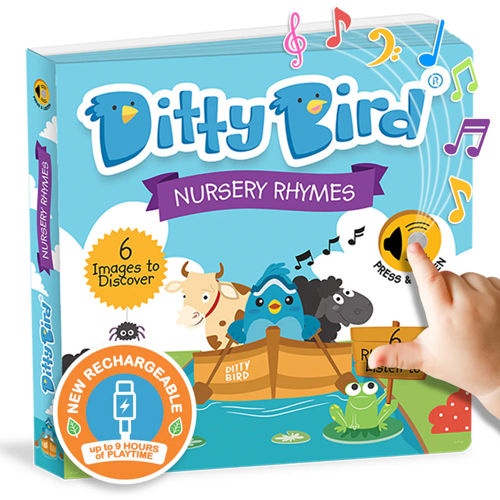 Ditty Bird nursery rhymes book with colorful design and hand pressing a button