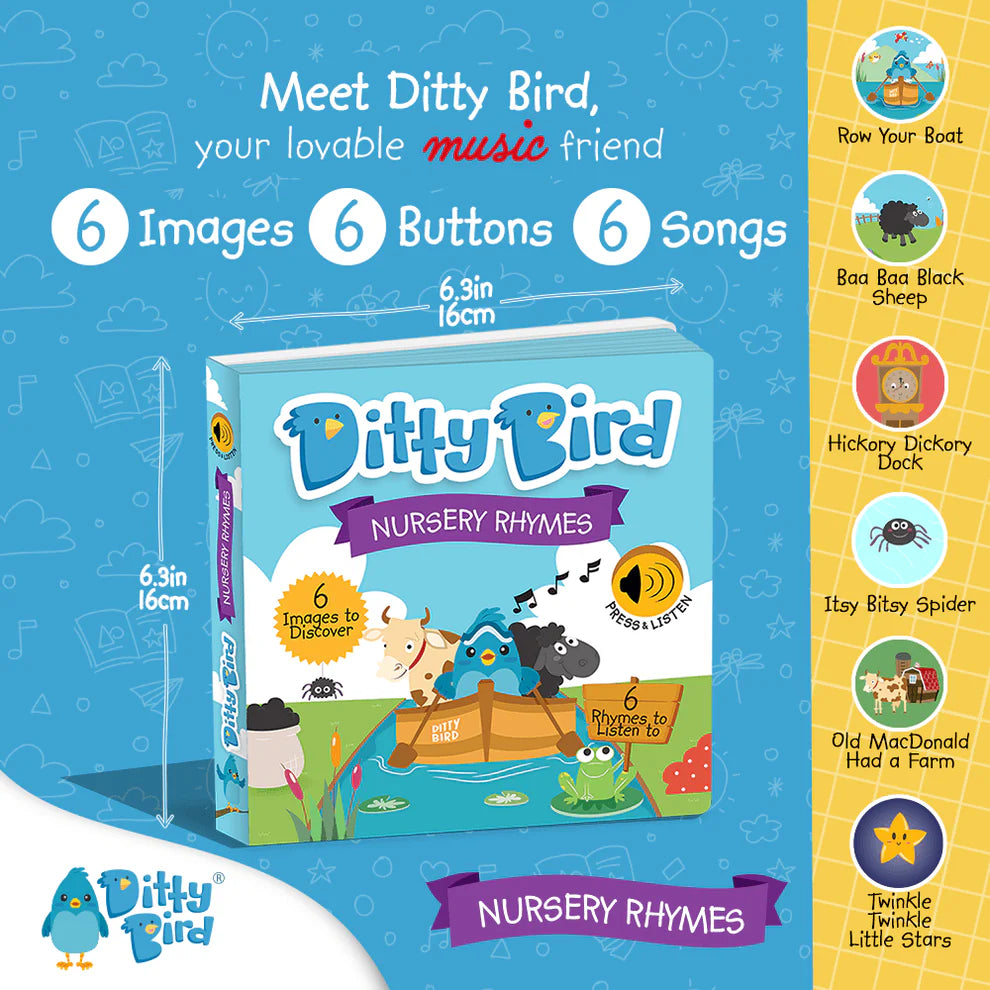 Ditty Bird nursery rhymes book with colorful illustrations and text on a blue background