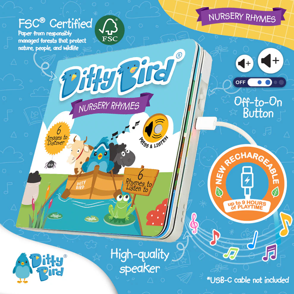 Ditty Bird Nursery Rhymes book with colorful design and FSC certification logo on a blue background