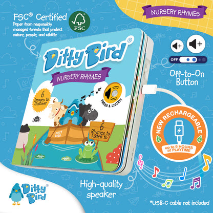 Ditty Bird Nursery Rhymes book with colorful design and FSC certification logo on a blue background