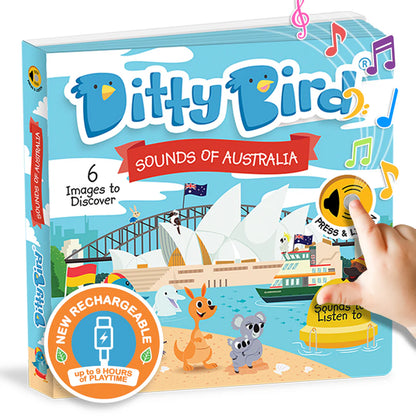Ditty Bird Sounds of Australia educational toy packaging with a hand pressing a button.