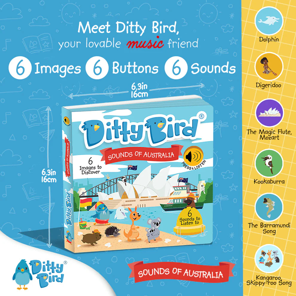 Ditty Bird educational toy packaging with images of Australia on a blue background