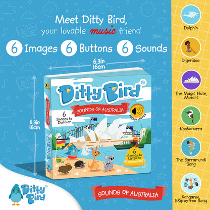 Ditty Bird educational toy packaging with images of Australia on a blue background