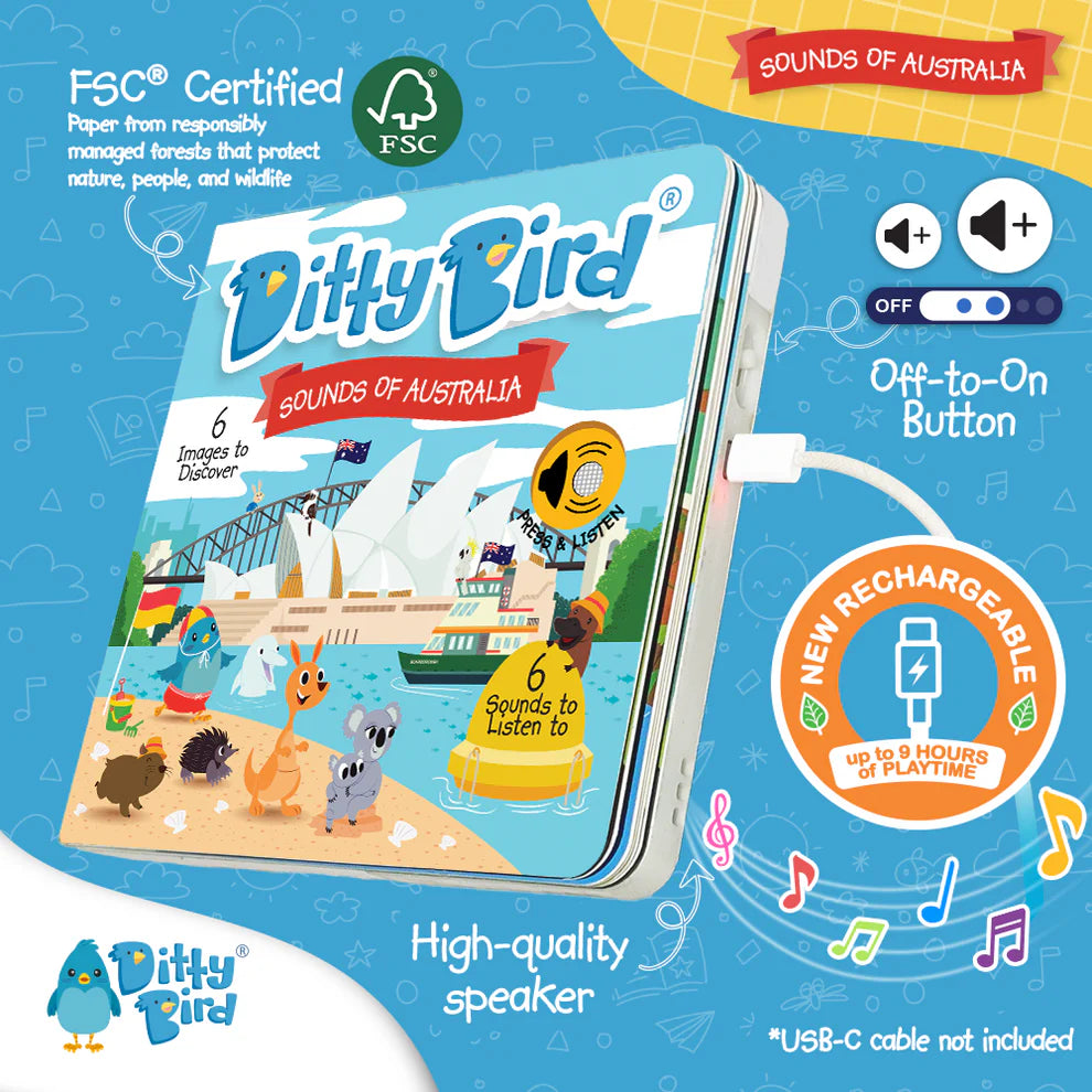 Ditty Bird Sounds of Australia educational toy packaging with colorful design and text.