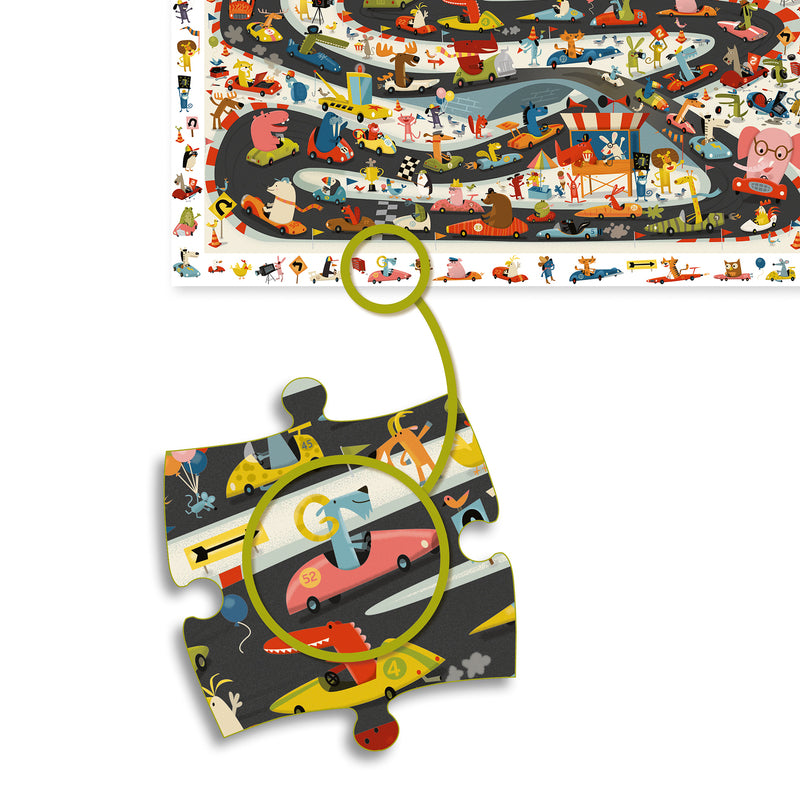 Children's puzzle with colorful cars and roads on a white background