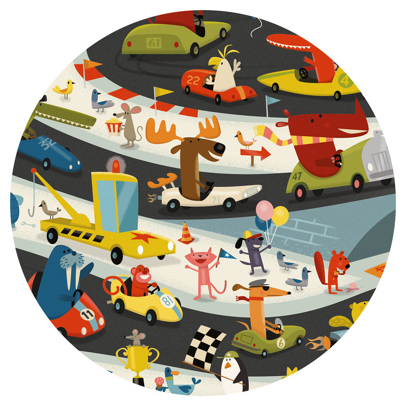 Circular design with cartoon animals and vehicles on a racetrack
