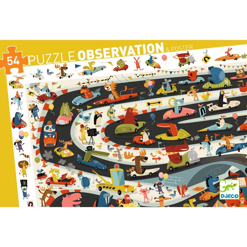 Children's puzzle with colorful animals and vehicles on a yellow border, featuring the Djeco brand.