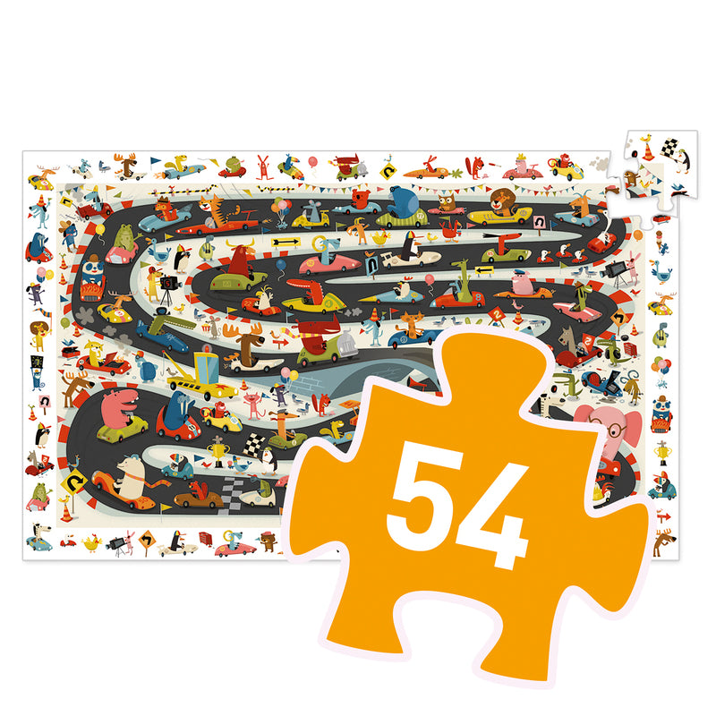 Jigsaw puzzle with a colorful design and a large orange piece displaying the number 54.