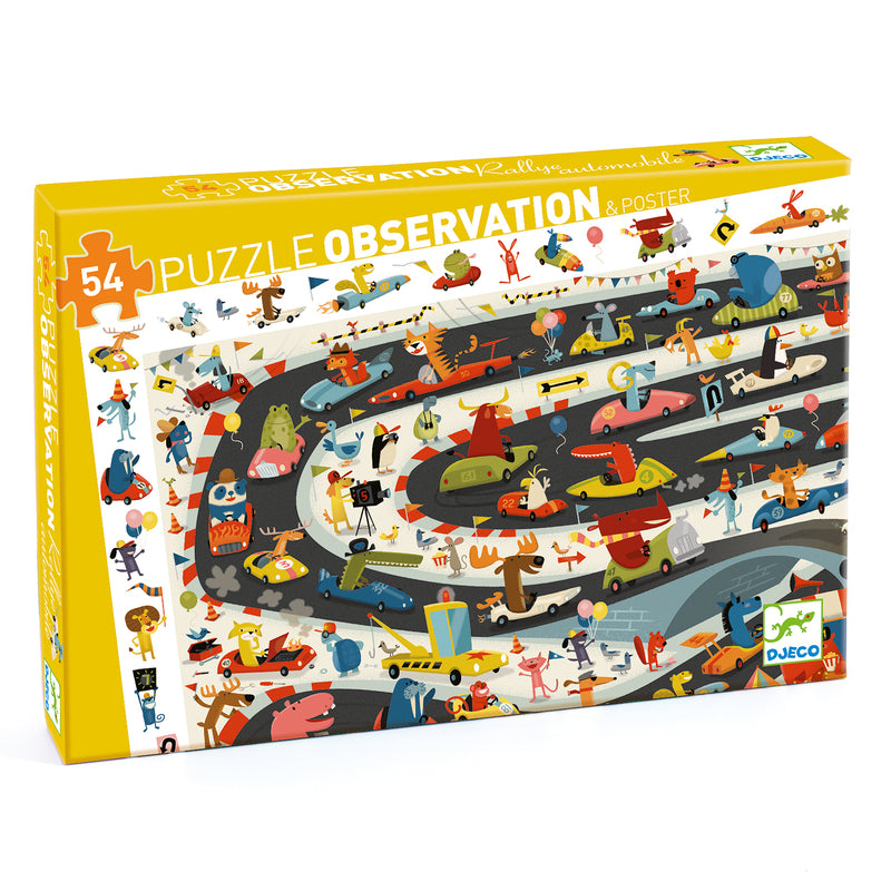 Puzzle box with colorful illustration of a race track and various characters, featuring the brand 'DJECO'.